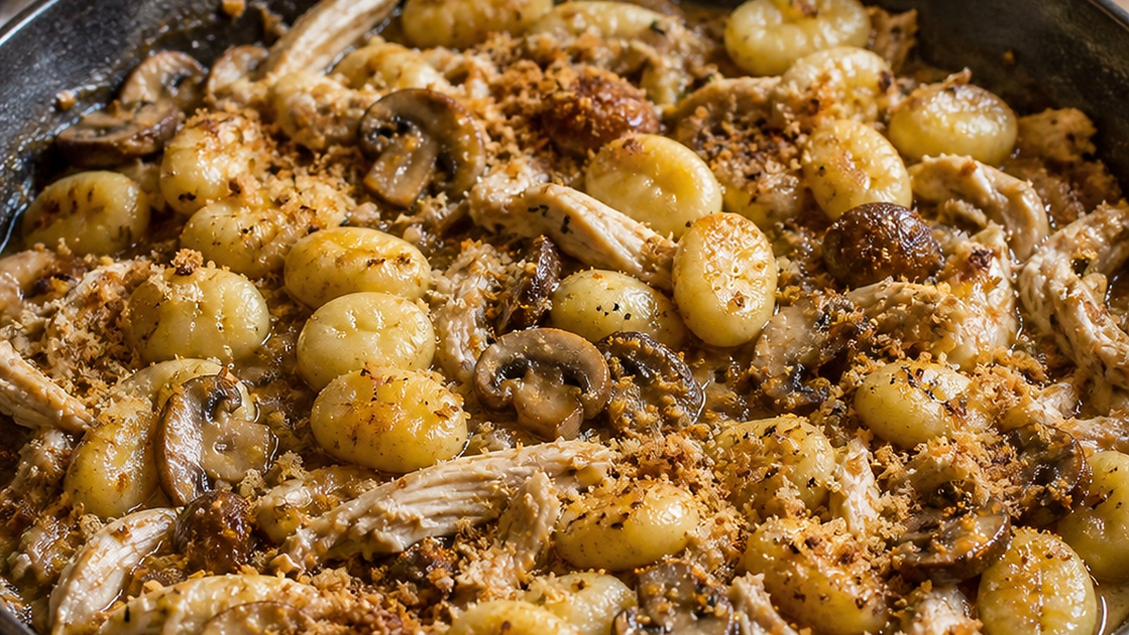 A finished dinner with gnocchi and mushrooms.