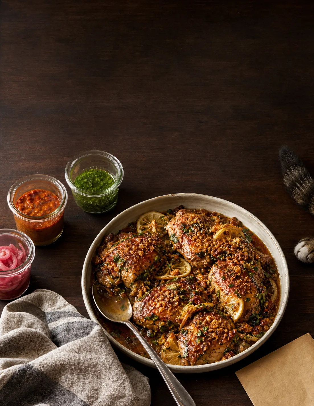 Prepared sauces beside a chicken dinner, with a cat waiting at the table.