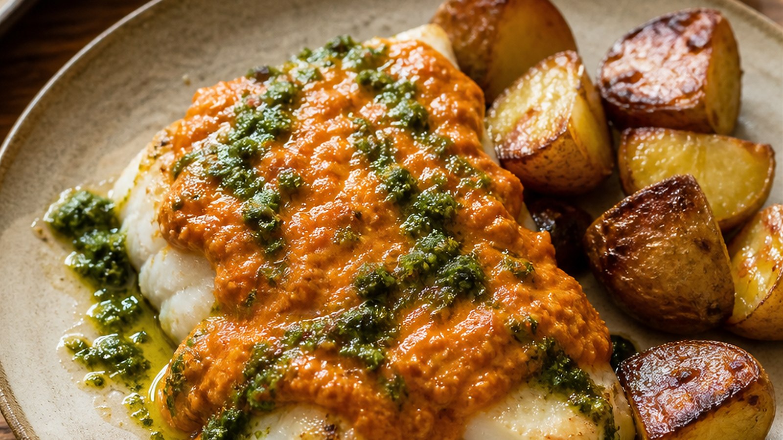 White fish with romesco sauce and roasted potatoes.